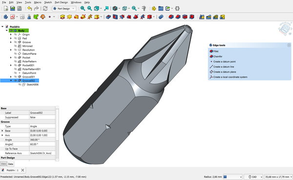 FreeCAD 1.0 interface showing a 3D model in the Part Design workbench