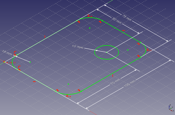 A constrained sketch in FreeCAD with dimensions shown