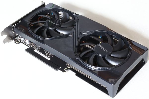 A PNY NVIDIA GeForce RTX 5060 Ti 16GB Overclocked Dual Fan graphics card, front view