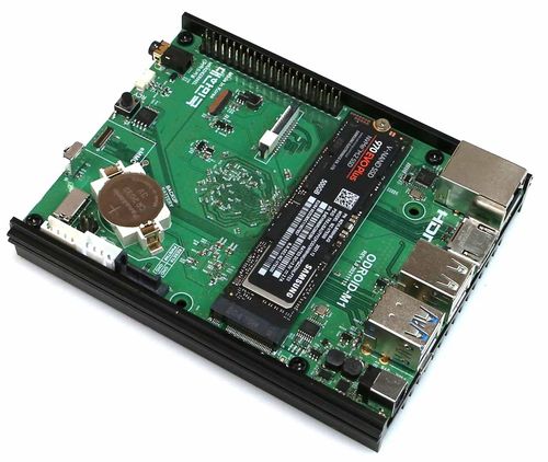 A Samsung 970 EVO Plus NVMe M.2 SSD on an Odroid M1 board for scale