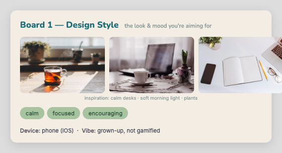 Board 1 — Design Style: inspiration photos, mood adjectives, target device
