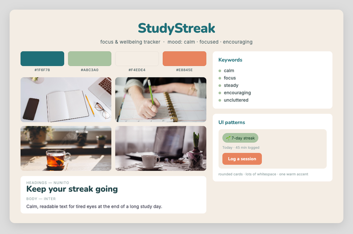 StudyStreak mood board — a coherent example