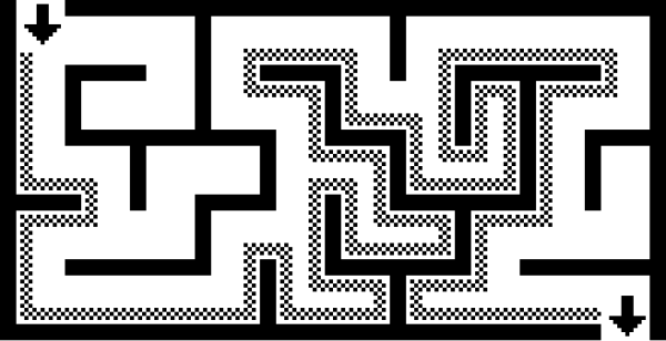 A maze with an entrance at the top-left and an exit at the bottom-right