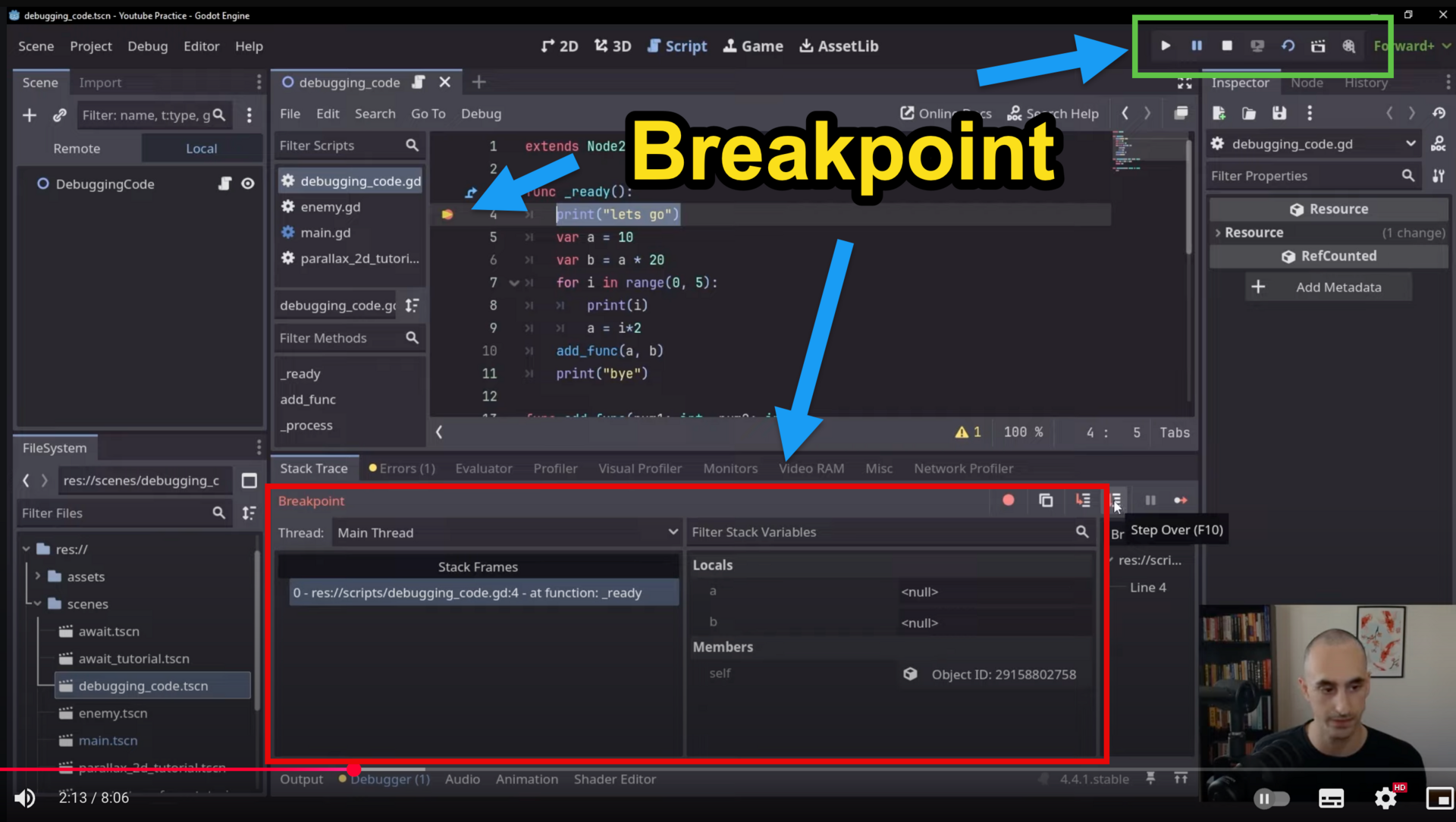 Setting a breakpoint in the Godot script editor — the red dot in the gutter