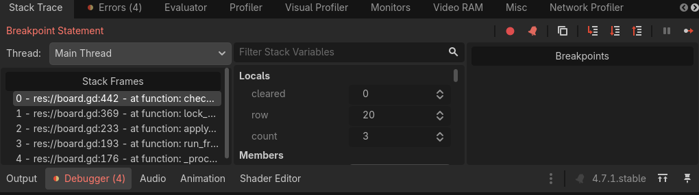 Close-up of the Debugger panel: Stack Frames and the Locals values at the paused line