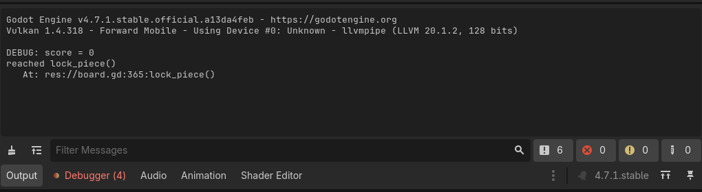 The Output panel: print shows the value, print_debug adds the script, line and function it fired from